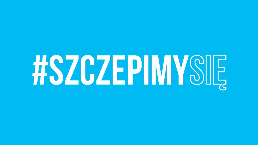 Na niebieskim tle biały napis drukowanymi literami: #szczepimy się