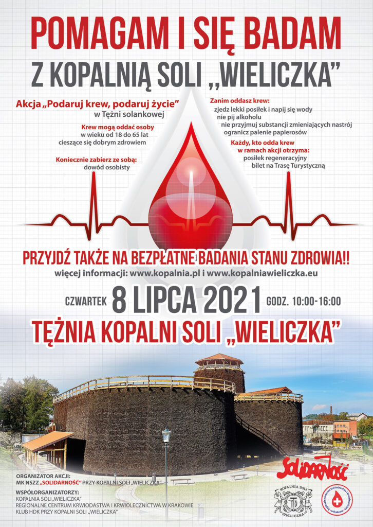 Plakat z informacjami o zbiórce krwi: 8 lipca, tężnia solankowa, w godzinach 10.00-16.00, możliwość bezpłatnych badań