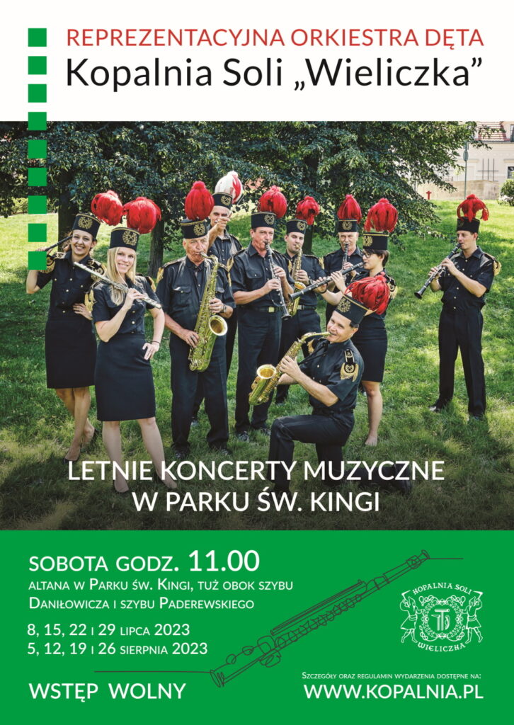 Plakat koncertów z datami oraz zdjęciem muzyków na tle parkowej zieleni