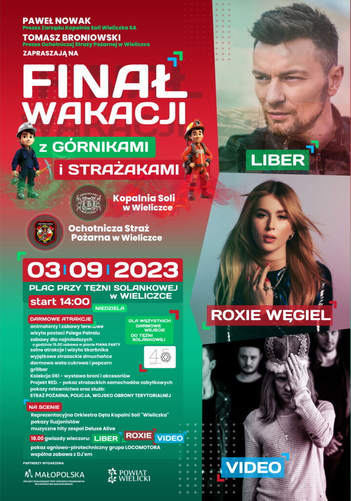 Plakat pikniku. Po lewej program - lista atrakcji przewidzianych przy tężni solankowej, po prawei - zdjęcia gwiazd wieczoru: Liber, Roxie Węgiel, Video. Grafika w tonacji zielono-czerwonej