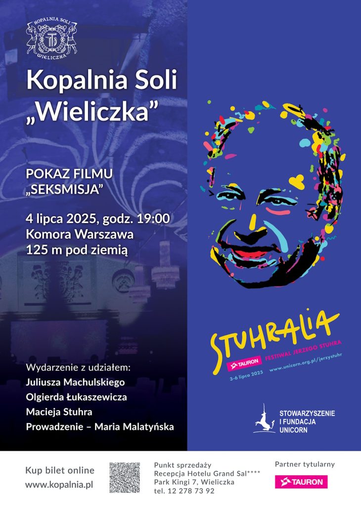 Plakat Stuhraliów. Na granatowym tle - po prawej kolorowy graficzny portret Jerzego Stuhra, po lewej informacje o podziemnym pokazie "Seskmisji": 4 lipca, godzina 19:00, komora Warszawa na głębokości 125 m