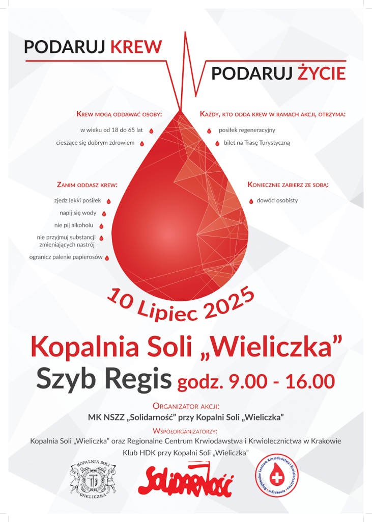 Plakat akcji krwiodawstwa. Na białym tle czerwona kropla oraz informacje o dacie i miejscu zbiórki, nazwy i logotypy oraganizatorów