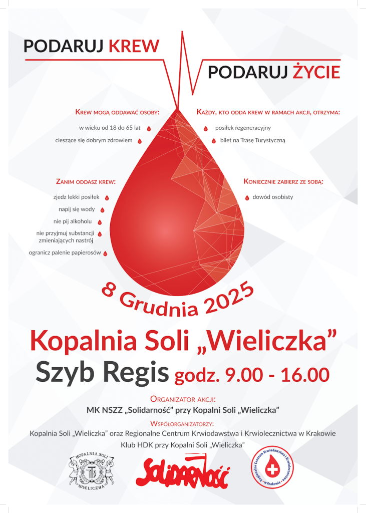 Plakat zbiórki krwi. Na białym tle czerwona kropla otoczona praktycznymi wskazówkami dla krwiodawców