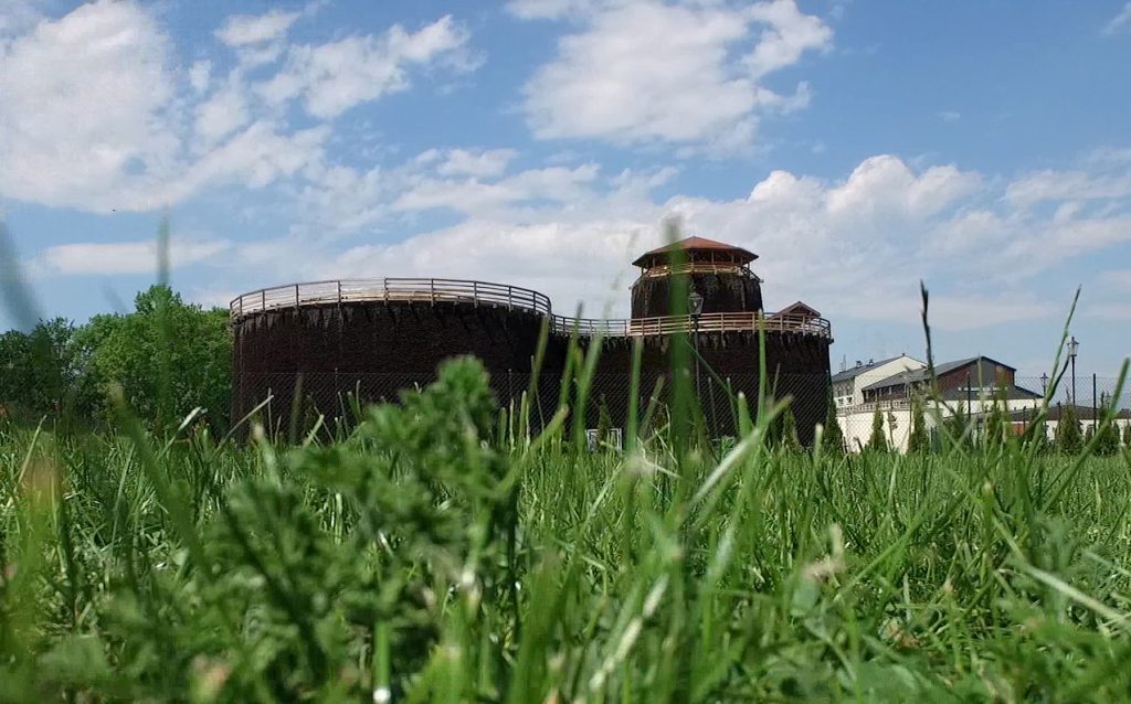 Widok na tężnię solankową. Na pierwszym planie zielona trawa