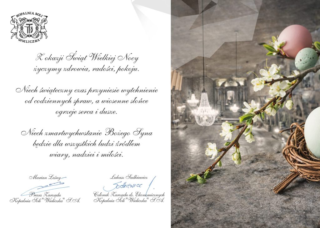 Treść życzeń podpisana przez Zarząd kopalni. Po prawej stronie kartki widok na kaplicę św. Kingi oraz gałązka z kwiatami