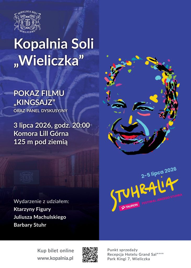 2026_06_16_seksmisja_plakat Plakat wydarzenia. Podział w pionie. Po lewej stronie informacje o projekcji, po prawej kolorowy schematyczny portret Jerzego Stuhra