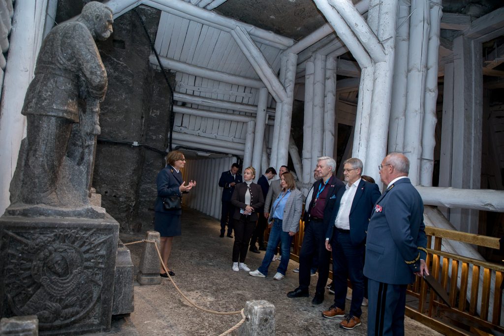 Członkowie komisji zwiedzają komorę Pisłudskiego. Spoglądają na solny pomnik Marszałka