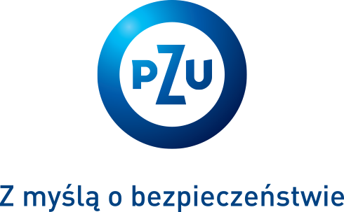 Niebieskie koło z napisem wewnątrz: PZU. Pod logo hasło: Z myślą o bezpieczeństwie